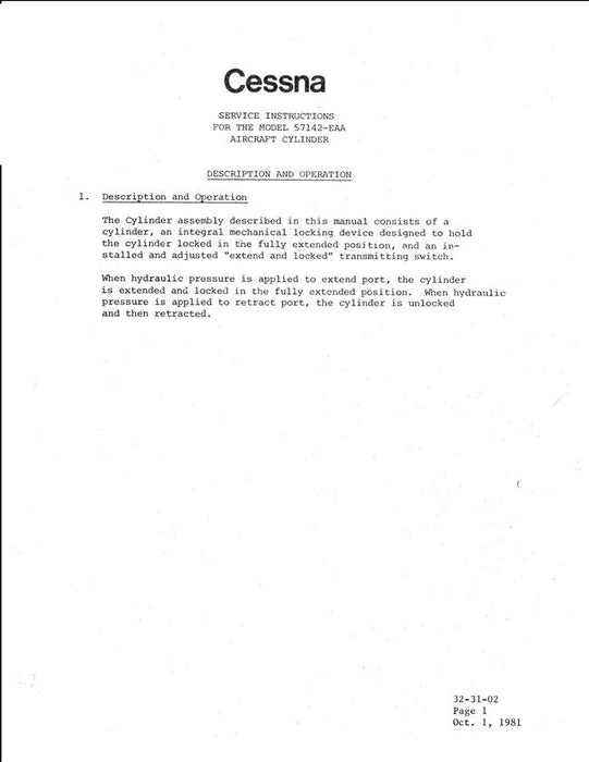 Cessna Model 57142-EAA Aircraft Cylinder Service Instructions Manual (Part No. 57142-EAA)