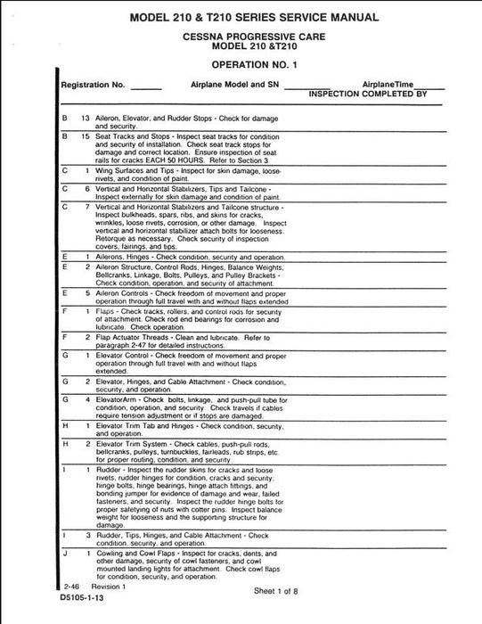 Cessna 210 & T210 Series Service Manual Progressive Care Inspection Sheets