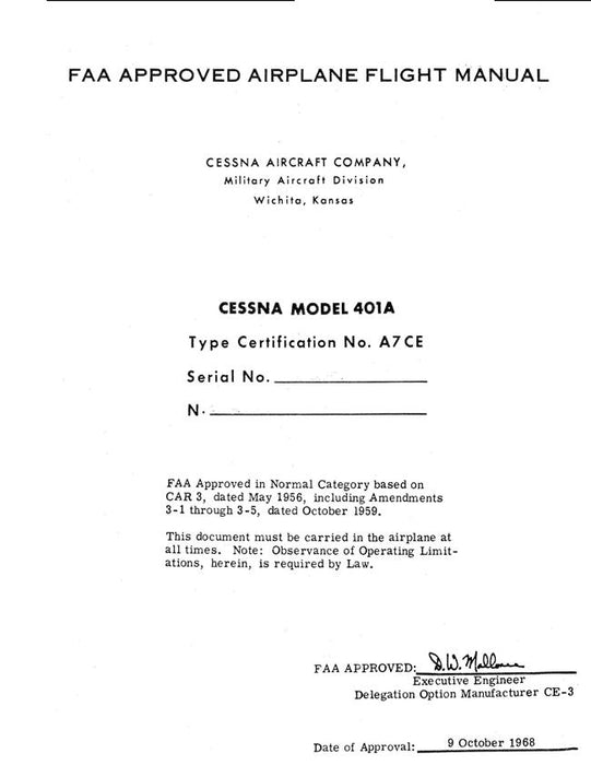 Cessna 401A Type Certification No. A7CE FAA Approved Flight Manual (Certification No. A7CE)