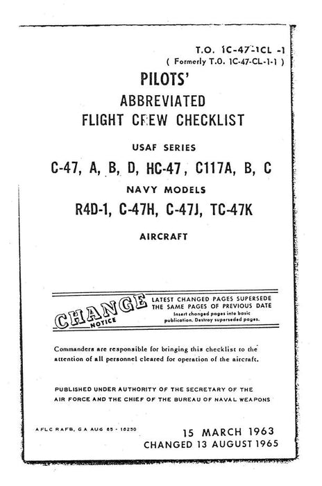 Douglas C47 Pilot's Abbreviated Flight Crew Checklist (T.O. 1C-47-CL-1-1)