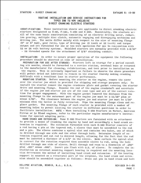 Eclipse Types 396-404 Inclusive Direct Cranking Starters Installation & Service Instructions