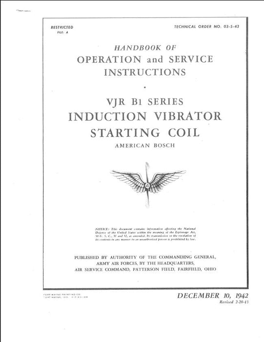 American Bosch VJR B1 Series Induction Vibrator Starting Coil Operation & Service Instructions Handbook (T.O. 03-5-43)