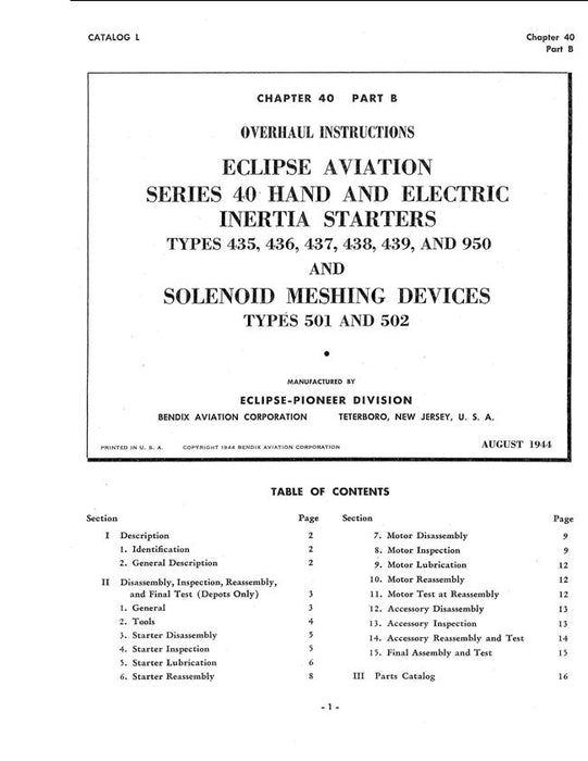 Eclipse-Pioneer Series 40 Hand & Electric Inertia Starters & Solenoid Meshing Devices Overhaul Instructions