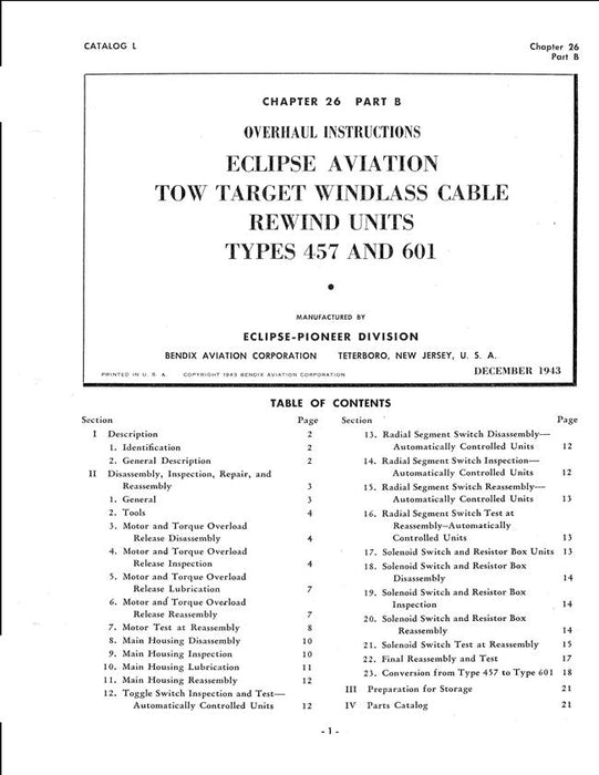 Eclipse-Pioneer Tow Target Windlass Cable Rewind Units Types 457, 601 Overhaul Instructions