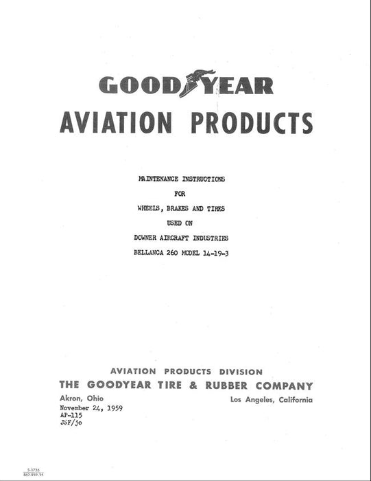 Goodyear Bellanca 260 Model 14-19-3 Wheels, Brakes, Tires Maintenance Instructions Manual
