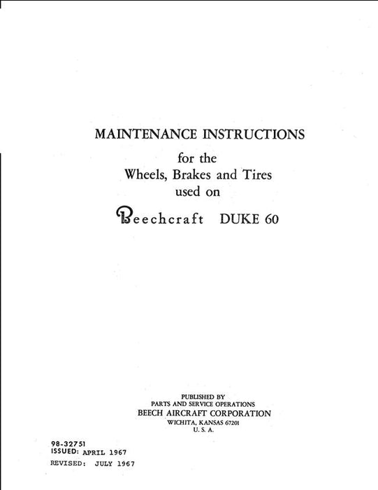 Beech Duke 60 Wheels, Brakes & Tires Maintenance Instructions Manual (Part No. 98-32751)