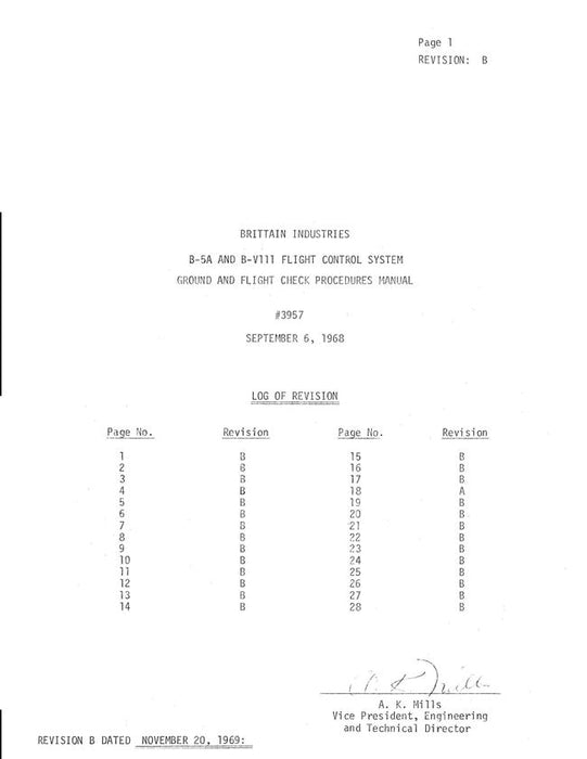 Brittain Industries B-5A, B-VIII Flight Control System Ground & Flight Check Procedures Manual (No. 3957)