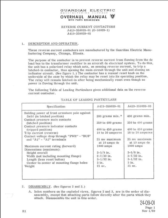 Guardian Electric Reverse Current Contactors Overhaul Manual & Parts Breakdown