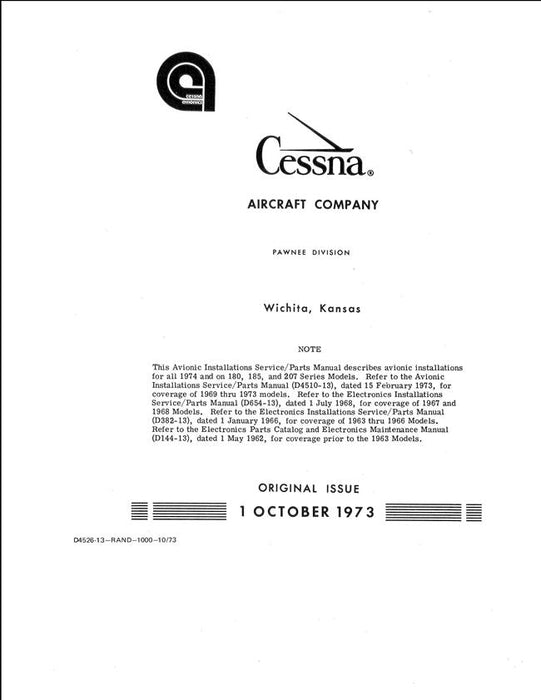 Cessna Avionic Installations Model 180, 185, 207 Series 1974 Service-Parts Manual