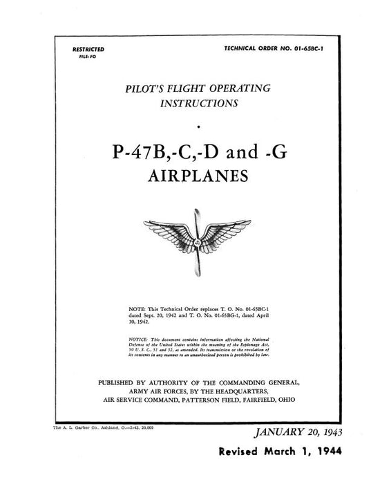 Republic Aviation P-47B,-C,-D&G 1943 Pilot's Flight Operating Instructions (01-65BC-1)