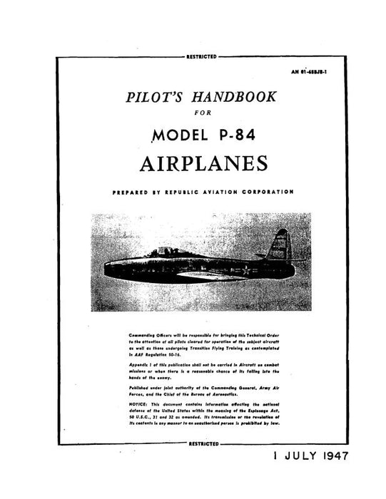 Republic Aviation P-84 1947 Pilot's Handbook (01-65BJB-1)