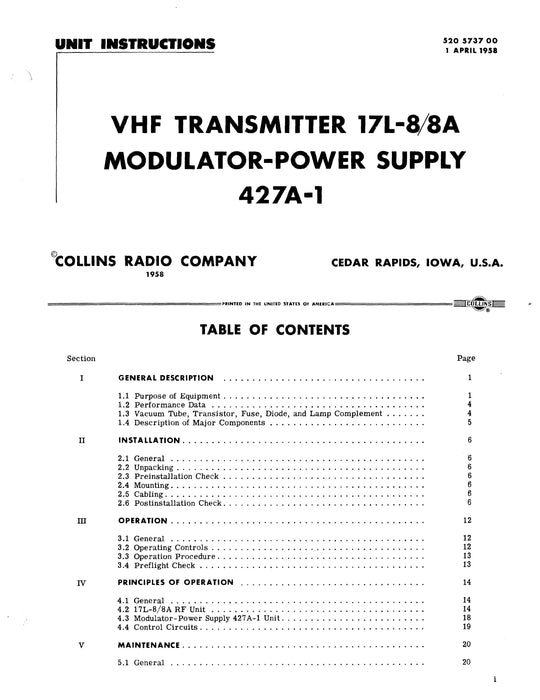 Collins 17L-8-8A & 427A-1 Instruction Book (520-5737-00)
