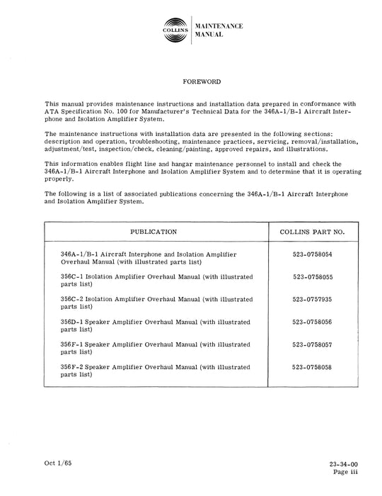 Collins 346A-1-346B-1 Maintenance Manual with Installation Data (520-0758053-001114)