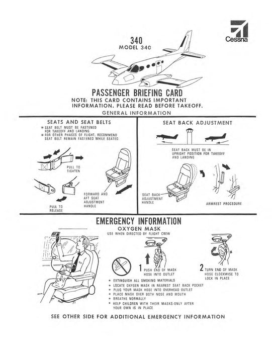 Cessna 340 Passenger Briefing Cards