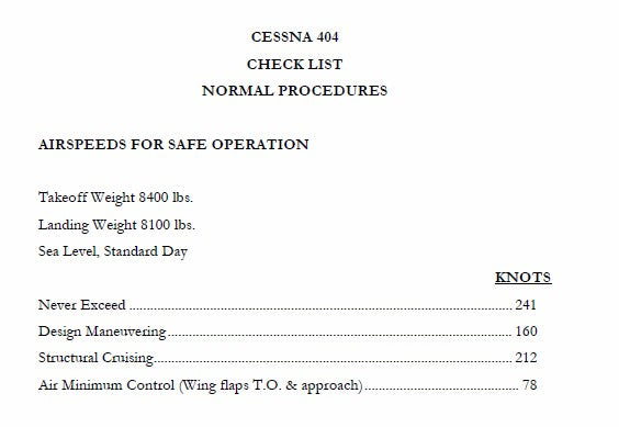 Cessna 404 Pilot's Checklist