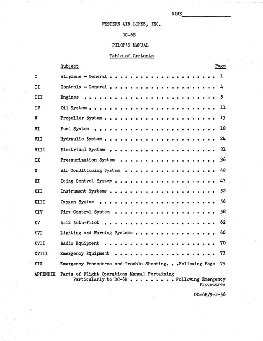 Western Air Lines, Inc. DC-6B Pilot's Flight Pilot's Flight Manual (Western Air Lines, Inc.)