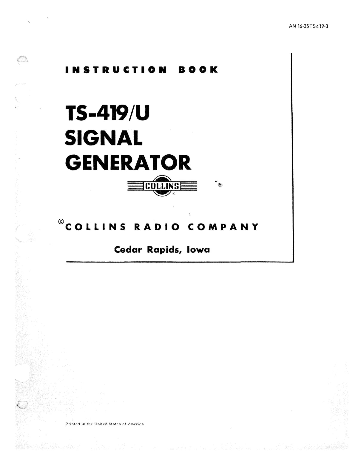Collins TS-419U Signal Generator Instruction Book (AN-16-35TS419-3 ...