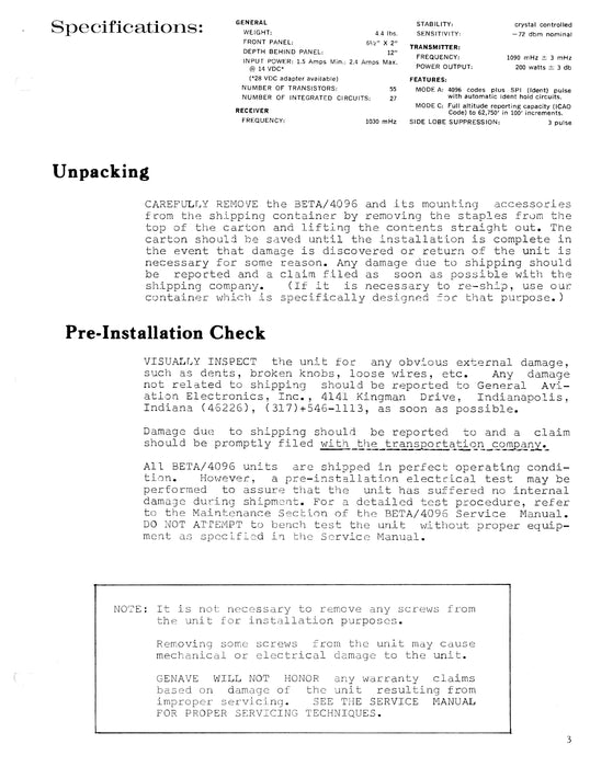 Genave Beta 4096 ATC Transponder Installation Manual