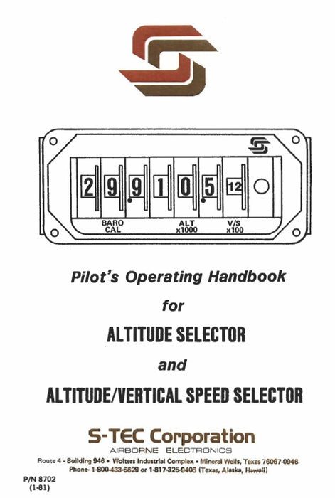 S-Tec Corporation Altitude & Altitude-Vertical Pilot's Operating Handbook (8702)