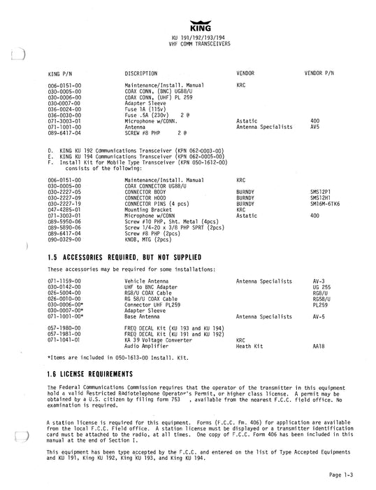 King KU191,192,193,194 VHF COM Tranceivers Maintenance-Installation (006-0151-00)