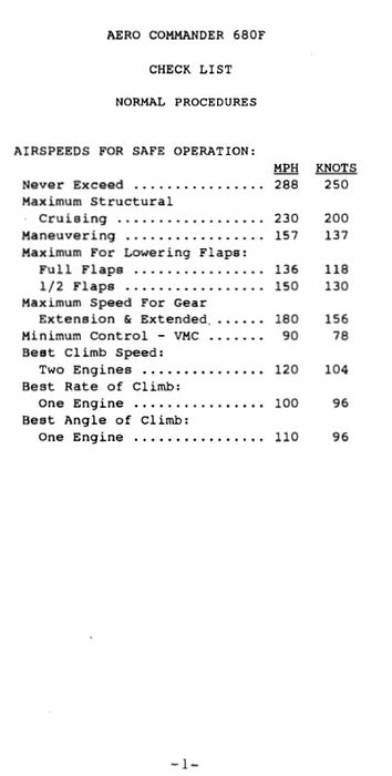 Aero Commander 680F Grand Commander 1960-63 Pilot's Checklist (AC680F-CL-C)