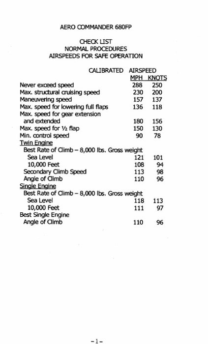 Aero Commander 680F Pressurized 1962-65 Pilot's Checklist (AC680FP61-CL-C)