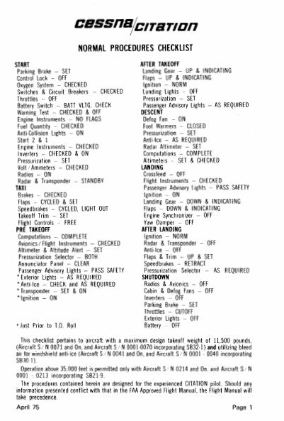 Cessna Citation Checklist 1975