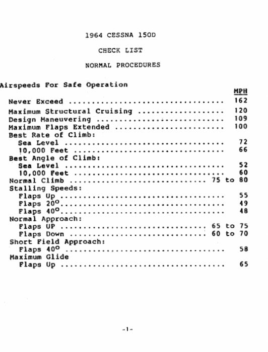 Cessna 150D 1964 Pilot's Checklist