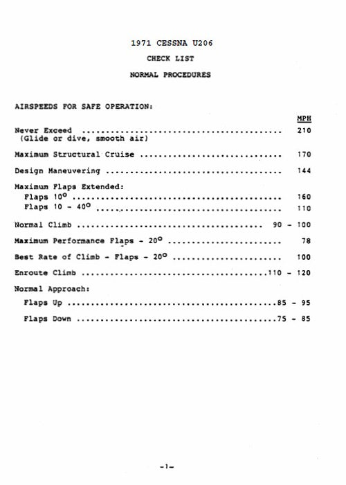 Cessna U206 1971 Pilot's Checklist (CEU206-71-CL-C)