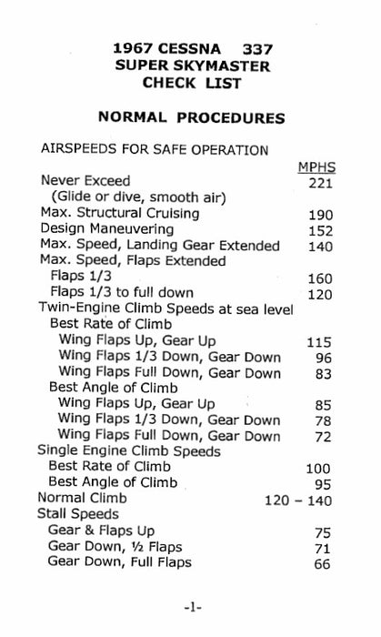 Cessna 337 1965-1966 Checklist (CE337CL-C)