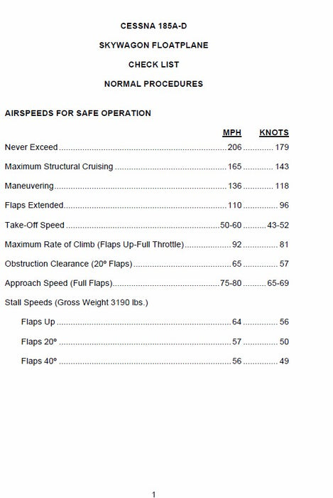 Cessna 185A-D Skywagon Floatplane Pilot's Checklist (CE185A-D-CL-C)