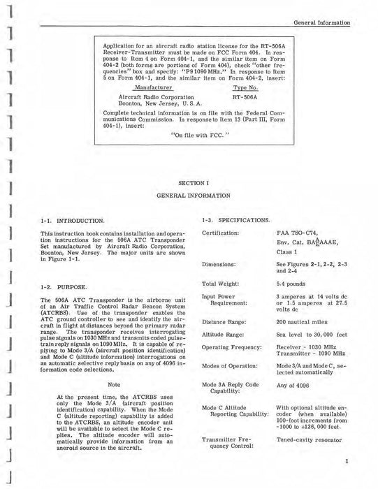 Aircraft Radio Corporation ARC 506A ATC Transponder Set Installation & Operation Instructions (AR506A-IN-C)