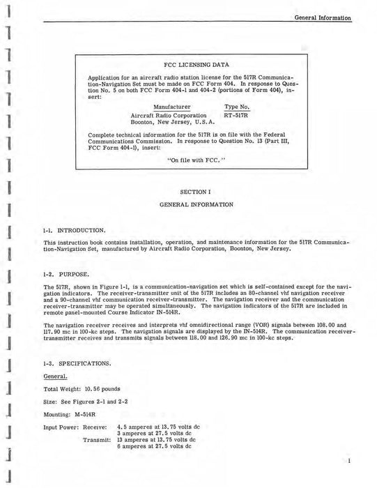 Aircraft Radio Corporation ARC 517R Communication Navigation Set Instruction Book (ARC517R-IN-C)