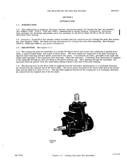 Hiller UH-12E, UH12-L Cooling Fan Gear Box Assembly 1981 Overhaul Manual (Part Nos. 74155-3, 74180, 74200, 74200-3)