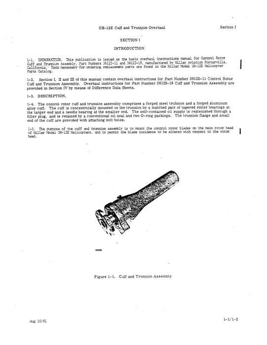 Hiller UH-12E Series Control Rotor Cuff & Trunnion Assembly 1981 Overhaul Manual (Part Nos. 36123-11, 36123-19)