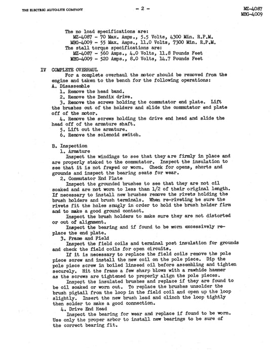 Auto-Lite Starting Motor for Air Cooled Motors MZ-4087, MBG-4009 Service Information Manual (MZ-4087, MBG-4009)