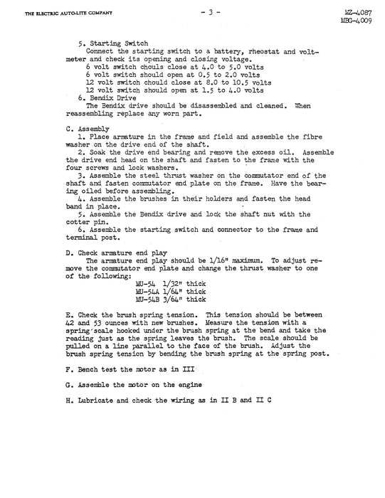 Auto-Lite Starting Motor for Air Cooled Motors MZ-4087, MBG-4009 Service Information Manual (MZ-4087, MBG-4009)