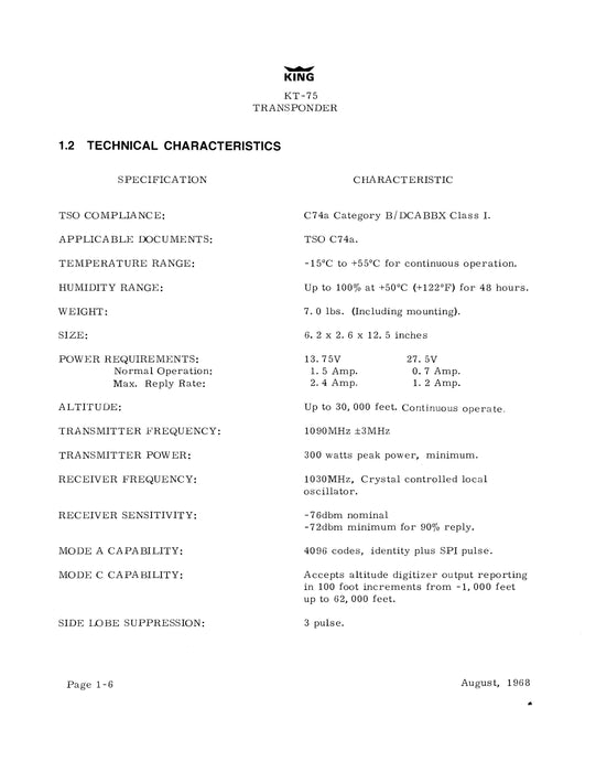 King KT-75, KT-75R Transponder Installation Manual (006-0041-00)