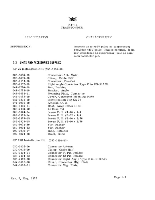 King KT-75, KT-75R Transponder Installation Manual (006-0041-00)