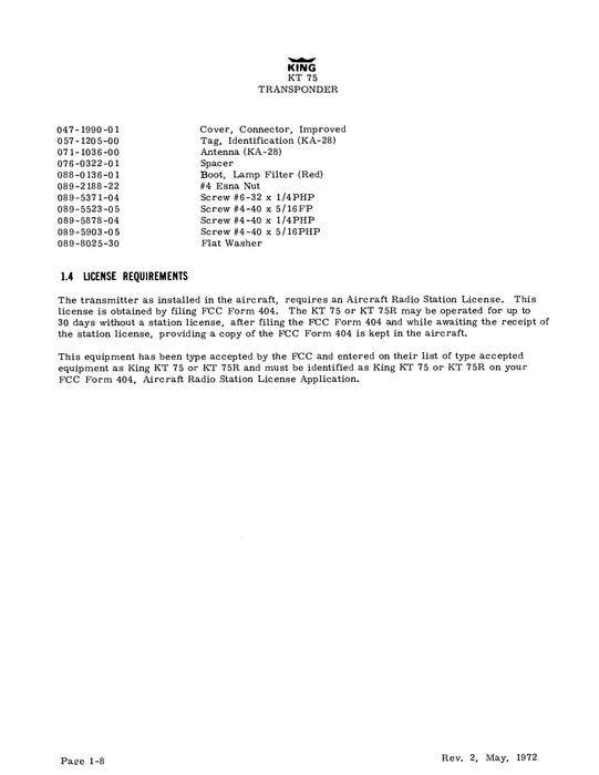 King KT-75, KT-75R Transponder Installation Manual (006-0041-00)