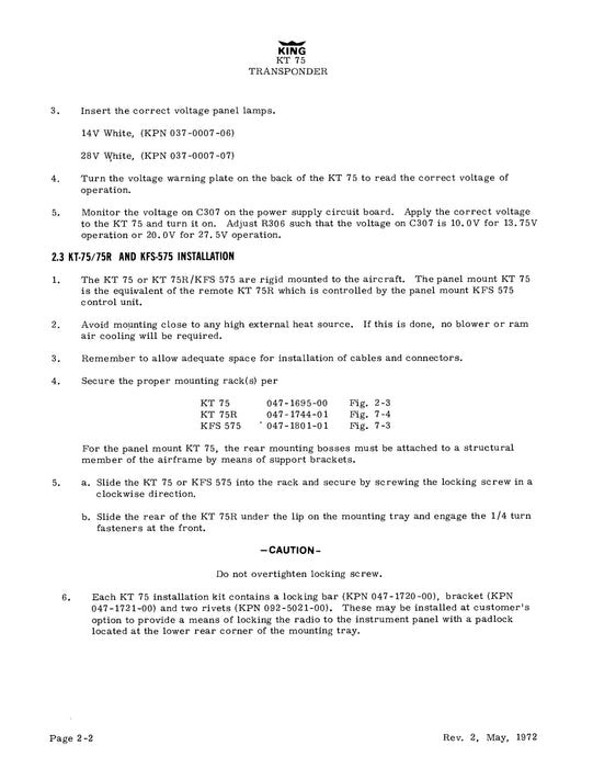 King KT-75, KT-75R Transponder Installation Manual (006-0041-00)