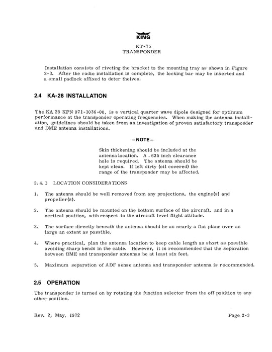 King KT-75, KT-75R Transponder Installation Manual (006-0041-00)