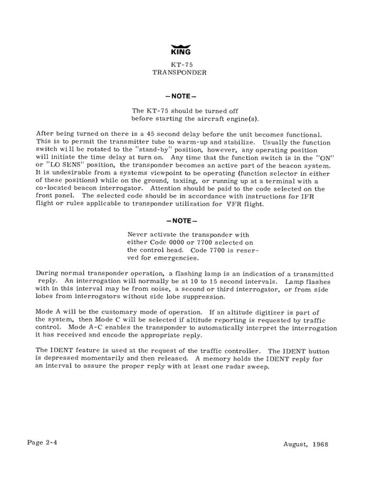 King KT-75, KT-75R Transponder Installation Manual (006-0041-00)
