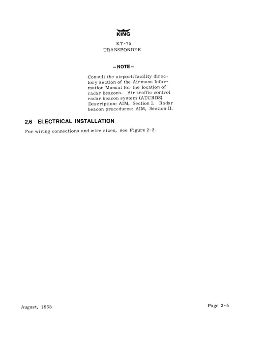 King KT-75, KT-75R Transponder Installation Manual (006-0041-00)