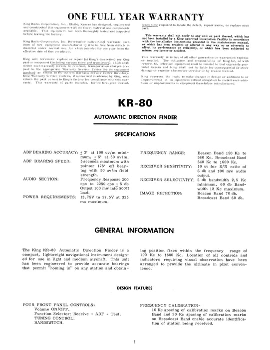 King KR-80 Automatic Direction Finder Installation Manual