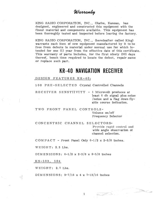 King KR-40 Nav Receiver Instruction Manual