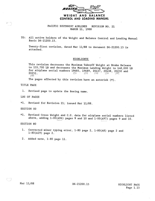 Boeing 727-214/-254/-2Q8 Weight & Balance Control & Loading Manual