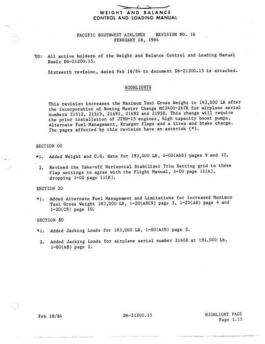 Boeing 727-214/-254/-2Q8 Weight & Balance Control & Loading Manual