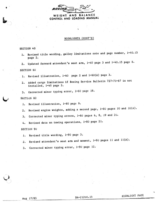 Boeing 727-214/-254/-2Q8 Weight & Balance Control & Loading Manual