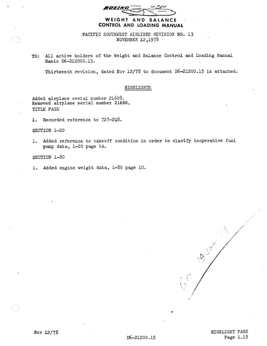 Boeing 727-214/-254/-2Q8 Weight & Balance Control & Loading Manual
